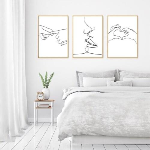 Heart Hands Kiss Prints Romantic Wall Art Poster Couple Canvas Painting Love Sketch Line Drawing Holding Hands Woman Room Decor