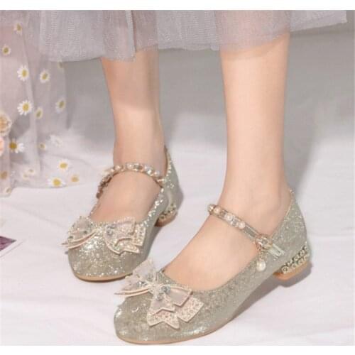 PXELENA Crystal Bow Knot Pearls Girls Princess Latin Dance Party T Show Lolita Shoes Gold Silver Low Heels Pumps Plus Size 34-43