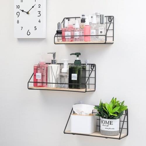Iron Lattice Wall Hanging Basket Wooden Holder Home Decoration Wall Shelf Kitchen Bathroom Cabinet Organizer Sundry Storage Rack