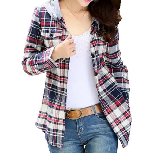 Women Fashion Loose Long Sleeve Classic Plaid Hood Button-up Cotton Shirt Coat
