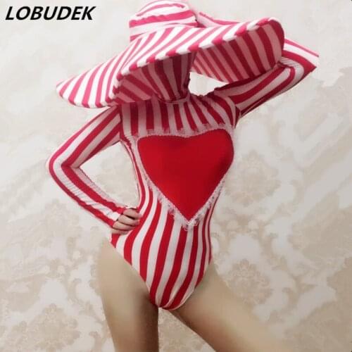 Halloween Women Dance Group Modern Dance Stage Clothing Red White Stripe Bodysuit Big Hat Nightclub DJ Singer Sexy Show Costume