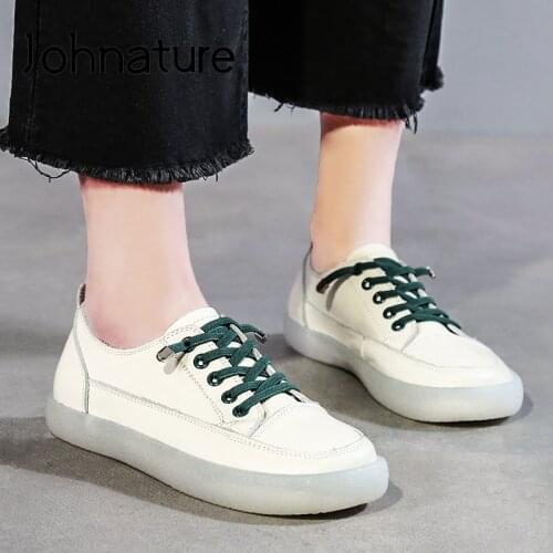 Johnature Flats Women Shoes Spring/Autumn 2021 New Genuine Leather Elastic Band Handmade Leisure Soft Shallow Ladies Shoes
