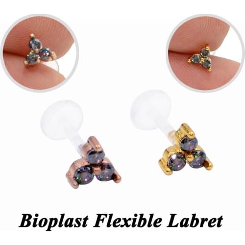 1PC Bioplast Flexible Push-in Labret Stud Lip Ring Press Fit 4.9mm Rainbow Zircon Ear Cartilage Tragus Helix Piercing Jewelry