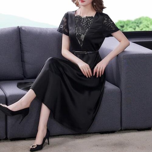 2021 Women Black Satin Patchwork Lace Sexy Midi Dress Summer Vintage 3XL Plus Size Solid Dress Elegant Bodycon Party Vestidos