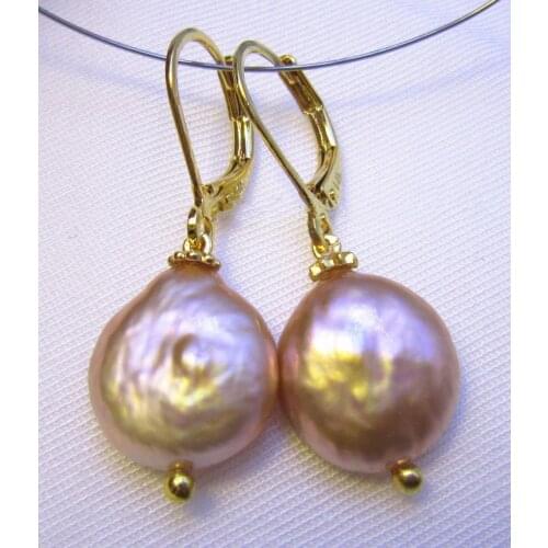 Free shipping natura AAA Baroque 12X13 mm Pink Purple South Sea Pearl Earrings 14k/20 YELLOW GOLD