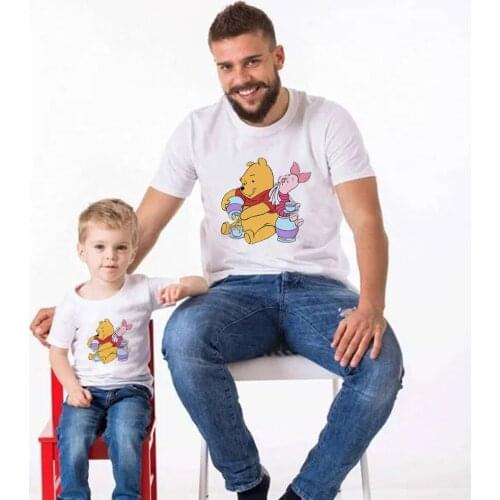 Disney Children T Shirt Cute Pooh Bear Printed Black Tops Urban Leisure Family Matching Outfits Dad Boys Clothes Summer T-shirts