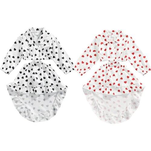 1-5 Years Kids Summer Dress Black Heart Print Shirt Dress Girls Collar Hollow-Waist Buttons Cropped Knee Length Dress For Girls