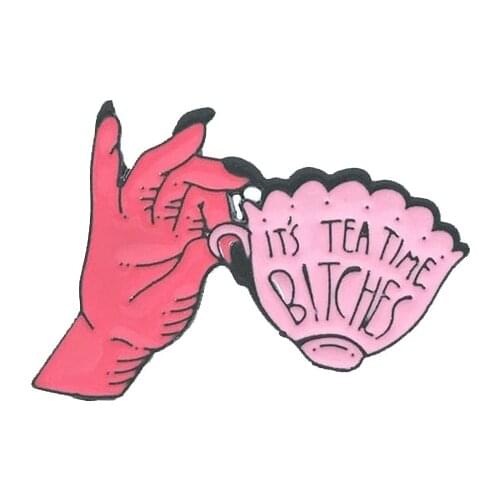 Its Tea Time Pink Teacup Metal Enamel Brooch Red Hand Coffee Cup Badge Pin Unique Trendy Costume Backpack Jewelry Gift