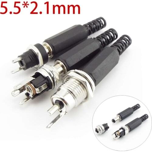 DC Female 5.5*2.1mm Power Charging Port Panel Mount Terminal DC Male Power Supply Connector Socket Adapter Threaded Metal Plug