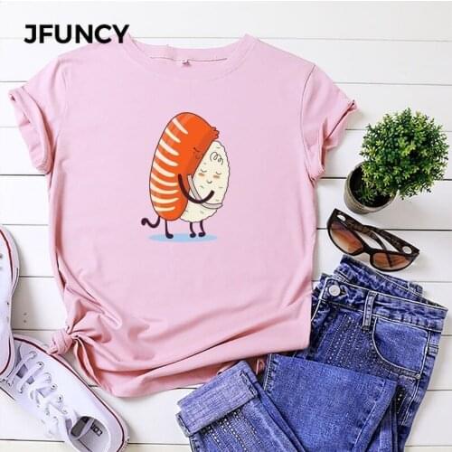 JFUNCY Funny Sushi Hug Print Women T Shirt Summer Cotton T Shirts Plus Size Cartoon Tshirt Harajuku Basic Tees Shirt Femme Tops