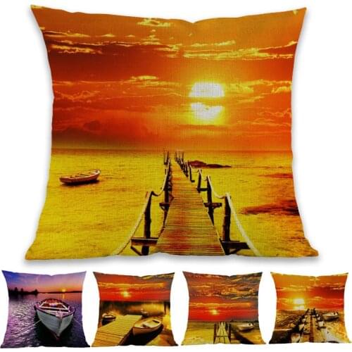 Oil Painting Style Yellow Sunset Dusk Seaside Landscape Boat Bridge Throw Pillow Case Home Gallery Decoration Sofa Cushion Cover