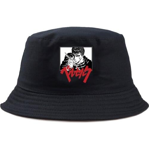Cool BERSERK Print Black Bucket Hats For Women Men Fishing Hat Sun Summer Sunscreen Fisherman Panama Hip Hop Cap
