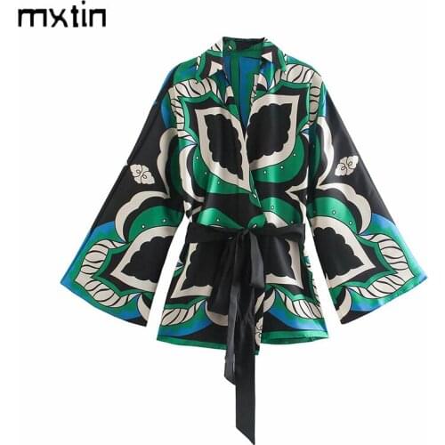 MXTIN 2021 Women Spring Fashion Print Bow Tie Sashes Loose Blouses Vintage Lapel Collar Long Sleeve Female Shirts Casual Tops