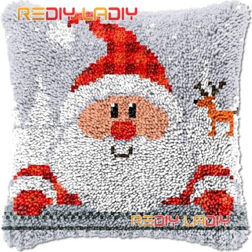 Latch Hook Cushion Cover Santa In a Plaid Hat Needlepoint Kits Chunky Acrylic Yarn Crocheting Pillow Case Arts & Crafts