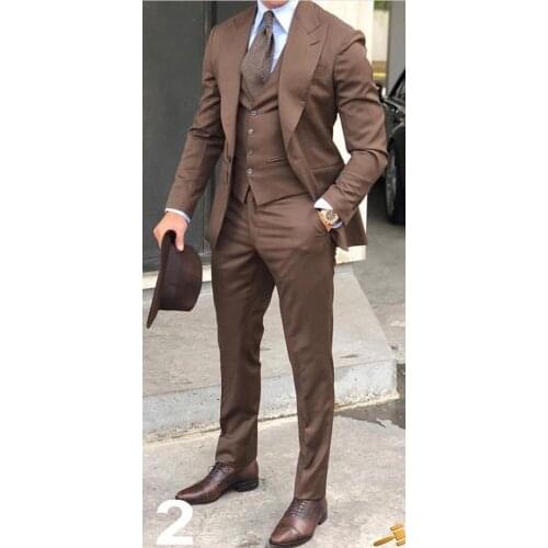 Brand New Groomsmen Brown Groom Tuxedos Peak Lapel Men Suits Wedding Best Man Blazer ( Jacket+Pants+Vest+Tie ) C434