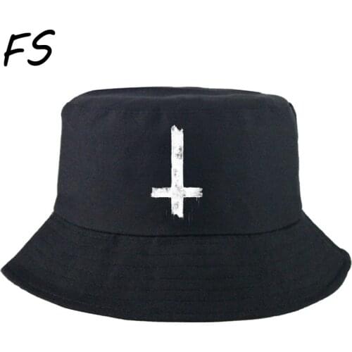 Inverted Cross Satan Print Bucket Hat Women Cotton Sun Protection Cap Mens Panama Hat Fisherman Hats Hip Hop Caps Gorras Chapea