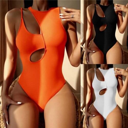 Sexy Women Off Shoulder One-piece Swimsuit 2021 Sleeveless Hollow Out Solid Color Bodysuit Padded Swimming Beachwear