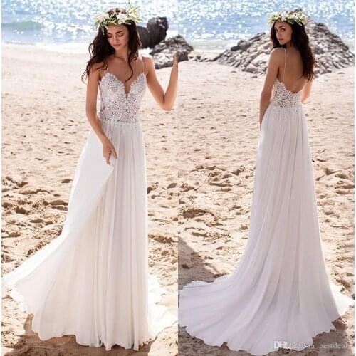2021 Beach Summer Wedding Dresses Boho Sexy Backless Spaghetti Straps Chiffon Lace Top Bohemian Bridal Gowns Robes De Mariée