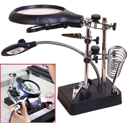 3 In1 Hand Soldering Solder Iron Stand Holder Station Welding Desktop Magnifying Glass 5 LED Auxiliary Clip Magnifier MG16129-C