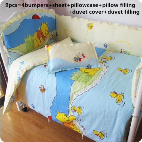 9pcs Full Set Cartoon Kids cot bedding sets baby crib bedclothes Bed Linen Crib Sides for Toddler ,4bumper/sheet/pillow/duvet