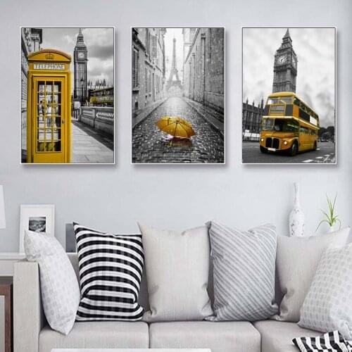 Yellow Telephone Booth Umbrella Bus Art Wall Poster American Red Bus Art Print Canvas Painting Living Room Home Decoration