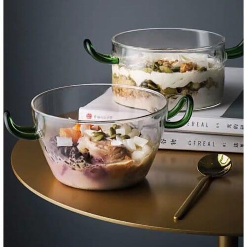 꽃피는 술잔 Transparent Heat-Resistant Glass Binaural Large Bowl Home Dessert Fruit Smoothie Ice Cream Large Breakfast Oatmeal