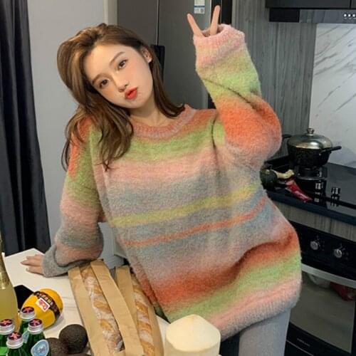 Rainbow Knitted Sweater Women Elegant Oversize Sweet Kawaii Girl Sweater Female Japanese Korean Style Harajuku Pullover Sweater