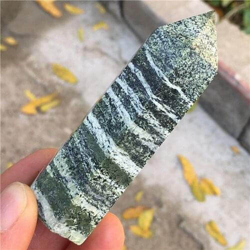 Rare natural green zebra stone has white striped ore hexagon streak mineral Crystal point healing stones mineral home decoratio