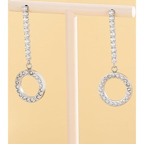 Fashion Trend Rhinestone Hanging Earrings Women Hollow Round Stainless Steel Jewelry 2021