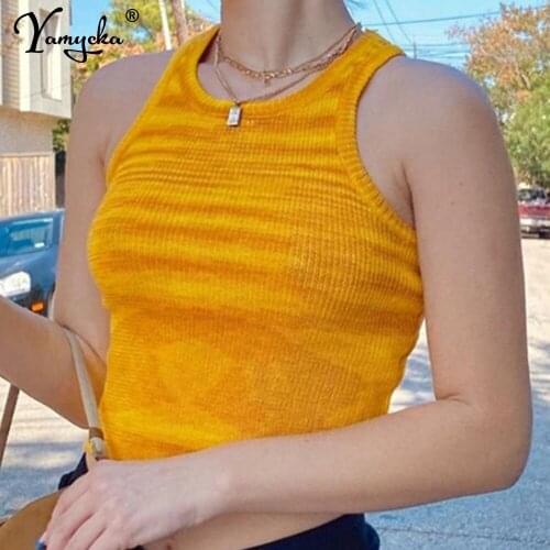 Sexy y2k Yellow Green knitted vintage summer tank crop top women blouses Casual beach party sleeveless corset ladies tops 2021