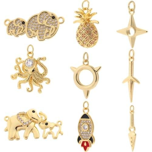 Elephant Octopus Diy Pendant Charms Jewelry Making Supplies Charms Animals Plant Fruit Geometric Cute Charm Gold Cubic Zircon