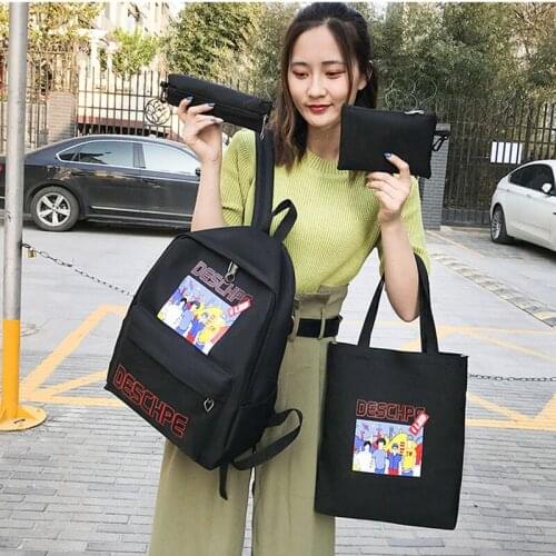 4 Pcs Set School Backpack Cartoon Printing Womens Backpack Large Capacity Teenager Girls School Bags New Trend Canvas Schoolbag