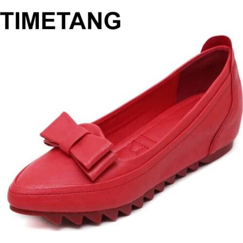 TIMETANGLadies Casual Lace Up Height Increasing Wedge Shoes Fashion Bow Pointed Toe Lace Up Women Wedges High Heels Shoes Woman