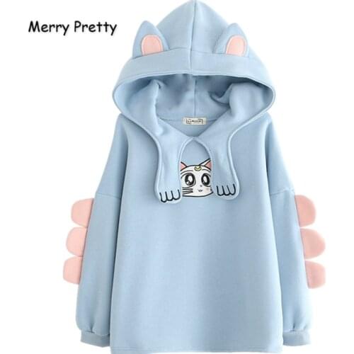 Merry Pretty Womens Hoodies Sweatshirt With Ears On Hood Cat Embroidery Cute Harajuku Fleece Hoodie Hooded Clothes Pullovers