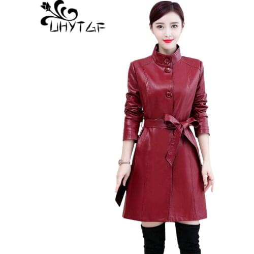 UHYTGF Autumn Winter leather jacket women Standing collar Belt slim women coat luxury biker leather jacket 5XL plus size top 926