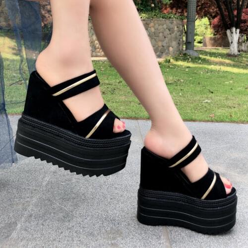 2020 Flock Women Super High Heels Sexy 17CM Heel Wedges Sandals Thick Bottom Platform Slippers Party Sliders platform sandals