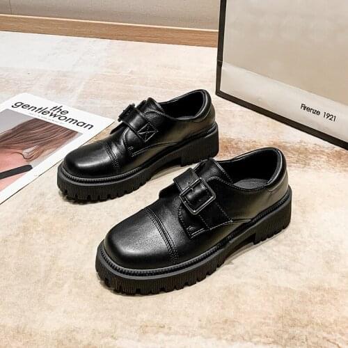 British Belt buckle oxford shoes women derby flats chunky heels thick soled loafers square toe microfiber leather brogue shoes