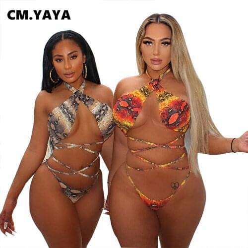 CM.YAYA Women Sexy Bikinis Sets Print Bandage Strapless Halter Womens Summer Beachwear Low Waist Elastic Swimsuits New Fashion