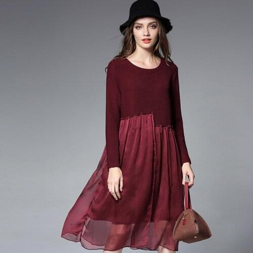 New autumn winter fashion Knitting together chiffon dress folds slim fit loose long sleeve crew neck casual dress Bottom dress
