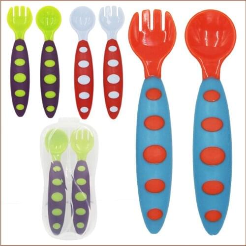 2 pcs/Set Safe Plastic Baby Spoon+ Fork Colorful Anti-Skid Handle Learning Tableware Children Dishes With Box/opp bag