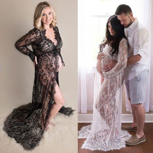 2021 Summer Women Front Split Long Maxi Maternity Black&White Lace Dress Pregnant Dress Gown Photography Prop See Through Dress