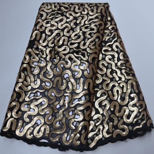 5yards/pc) High quality black gold African handcut double organza lace fabric with shining sequins embroidery for party POL151