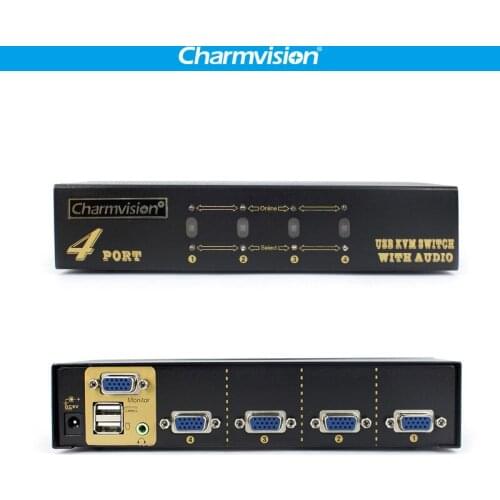 Charmvision VK401A 4 into 1 Desktop Automatically 4 Posts KVM Audio Switcher Hotkey with HDDB VGA 2 USB Keyboard Mouse Switches