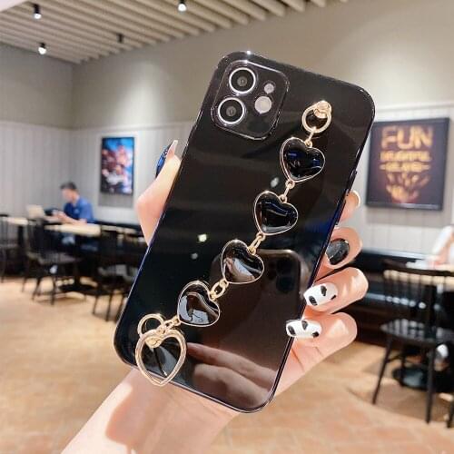 Bracelet Chain Phone Case For iPhone 12 11 Luxury Plating Love Heart Soft Back Cover Shockproof Compatible With Apple