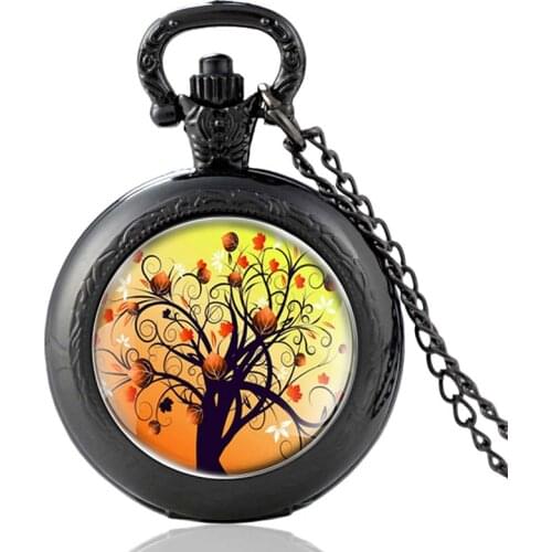 Black Charm Tree of Life Design Glass Cabochon Quartz Pocket Watch Vintage Men Women Pendant Necklace Chain Clock