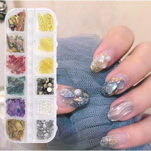 CHNRJML 12Gird/Box Irregular Natural Sea Shell Nail Art Decorations Mixed Beads Rivet Flaks Tips 3D DIY Nails Accessories Tools