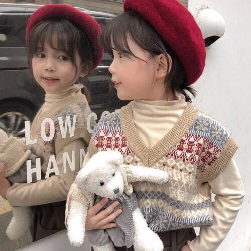 Children Knitted Sweater Korean Vest Spring and Autumn New 2021 Boys and Girls National Style V-collar Vest