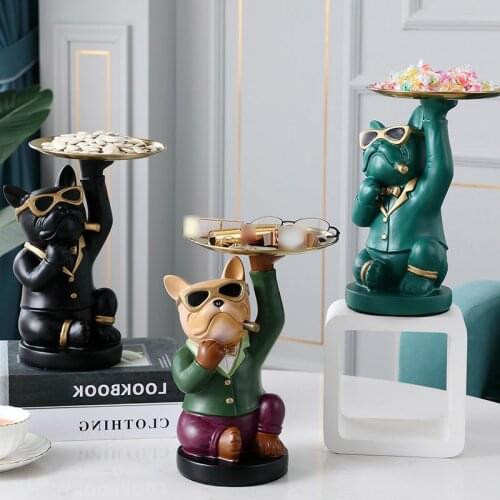 European Style Resin Storage Tray French Fighting Dog Candy Desktop Plate Key Jewelry Container Home Decoration Statue Ornaments