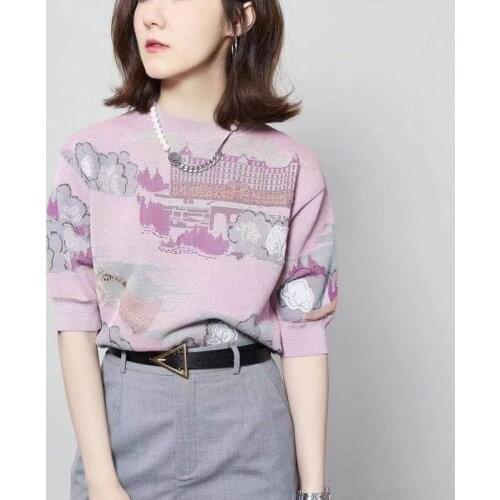 Natural Scenery Jacquard Knit T Shirt Women Fashion Tops 2021 Summer Tee Thin Pink Tops O Neck Short Sleeve Tshirt Women Top