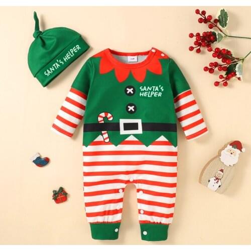 PatPat 2pcs Baby Boy/Girl Christmas Green and Red Striped Jumpsuit Elf Outfits Set